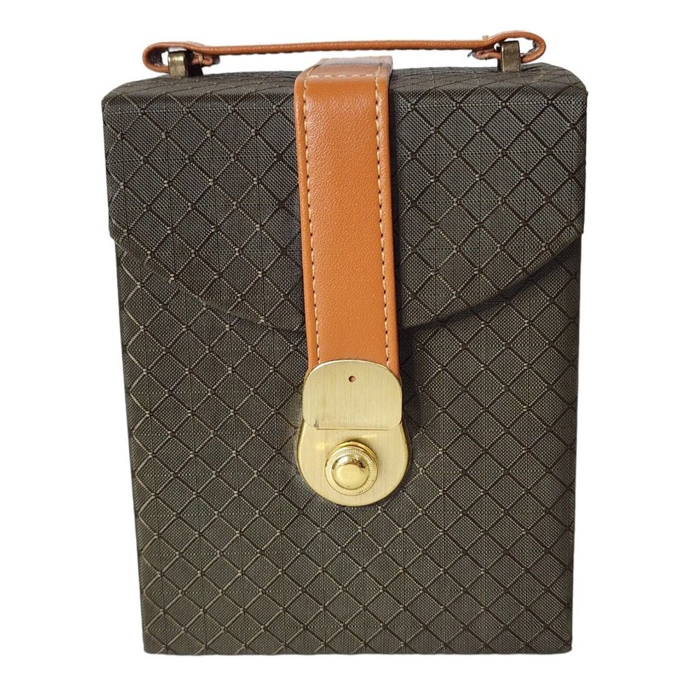 Travel Jewelry Box Organizer Case with Faux Leather Handle 6"x4.25" Brown Tan